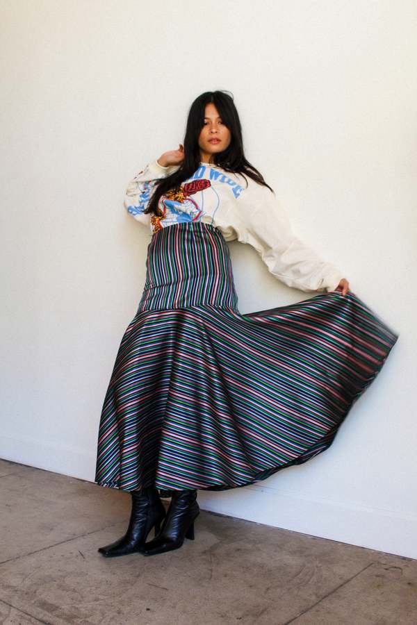 Vintage Women 1970s Striped Taffeta Mermaid Hem Skirt Black