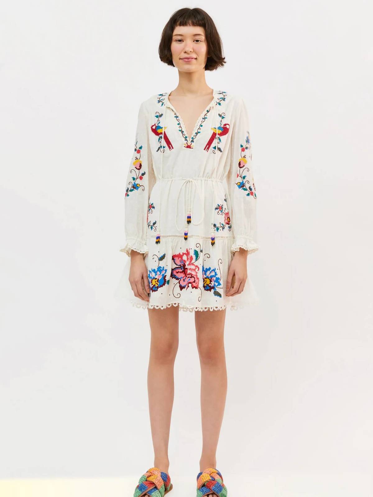 Farm Rio Stitch Embroidered Mini Dress Macaw Cross/Off White Garmentory