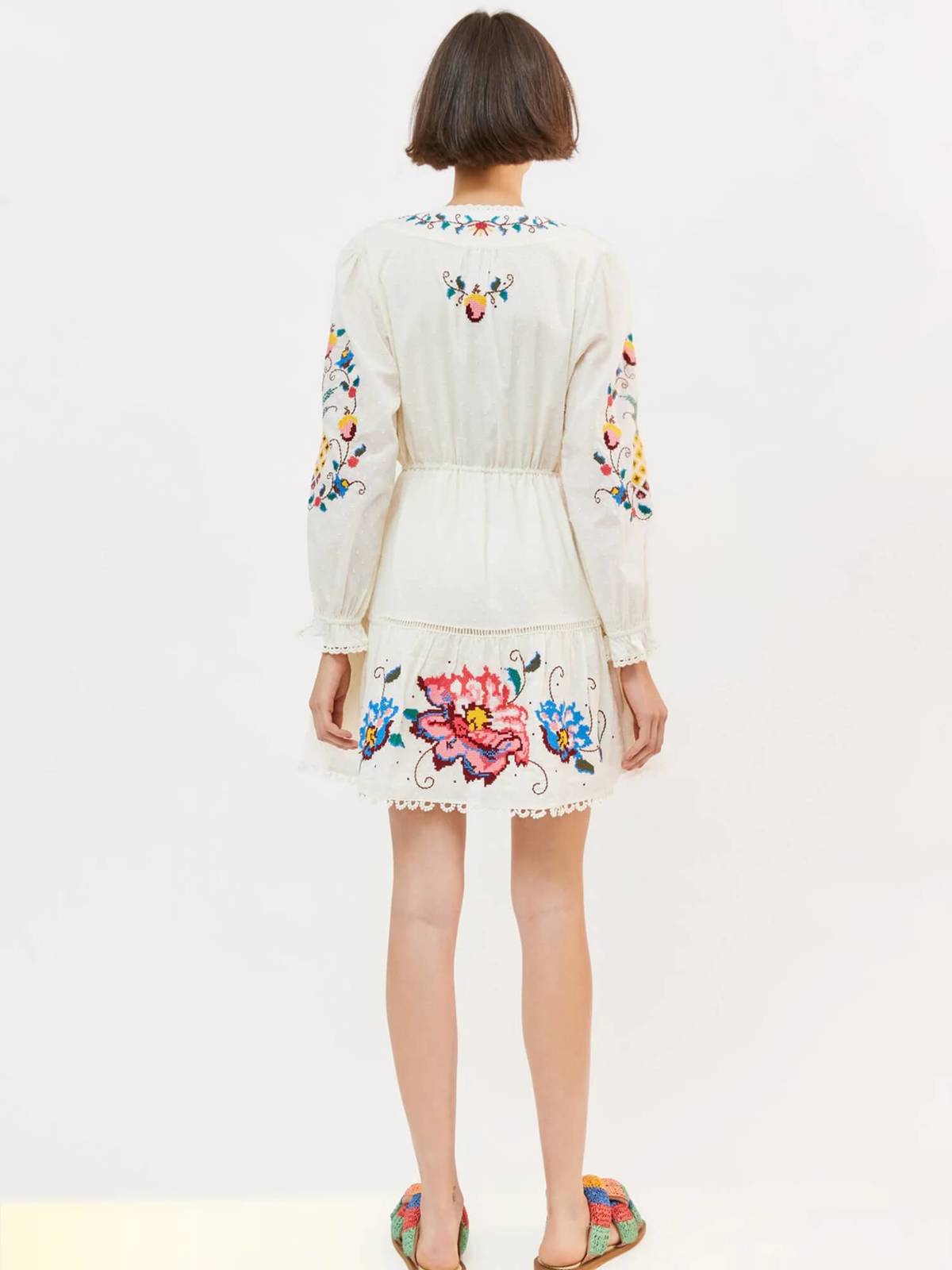 Farm Rio Stitch Embroidered Mini Dress Macaw Cross/Off White Garmentory