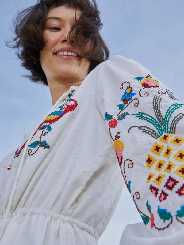 Farm Rio Stitch Embroidered Mini Dress - Macaw Cross/Off White