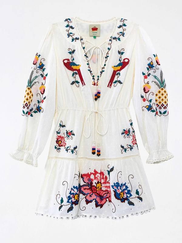Farm Rio Stitch Embroidered Mini Dress - Macaw Cross/Off White | Garmentory
