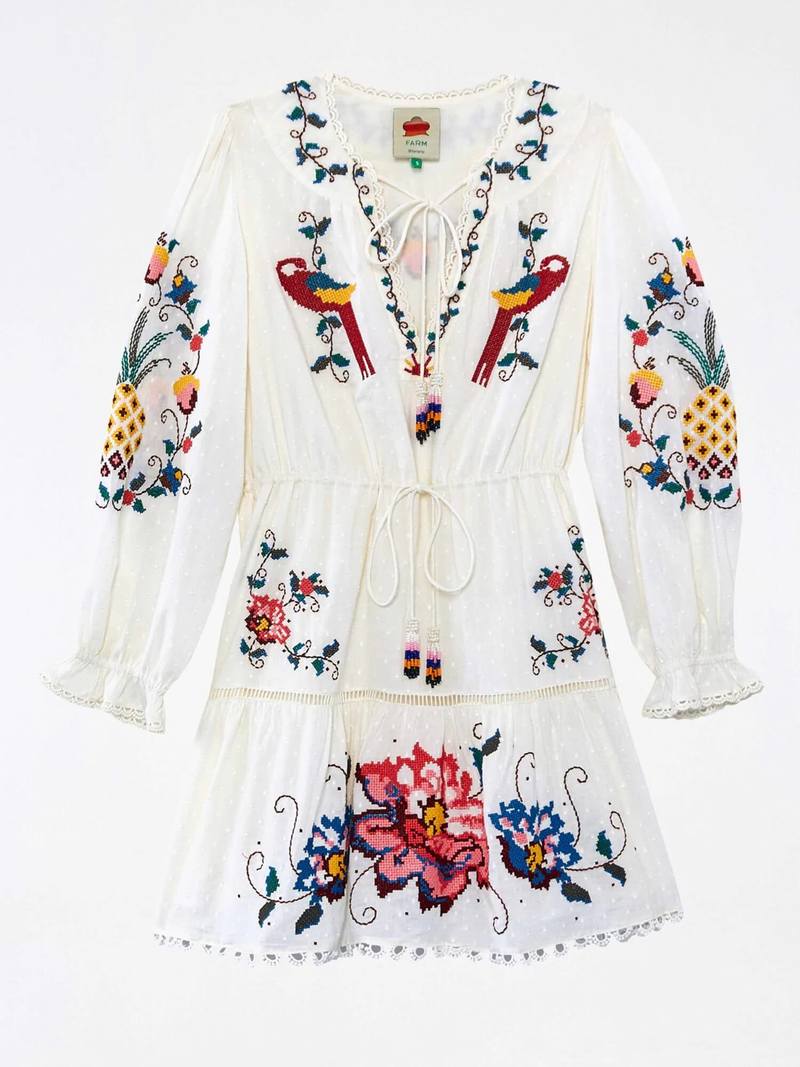 macaw cross stitch embroidered mini dress FARM Rio Macaw Cross Stitch Embroidered Mini Dress