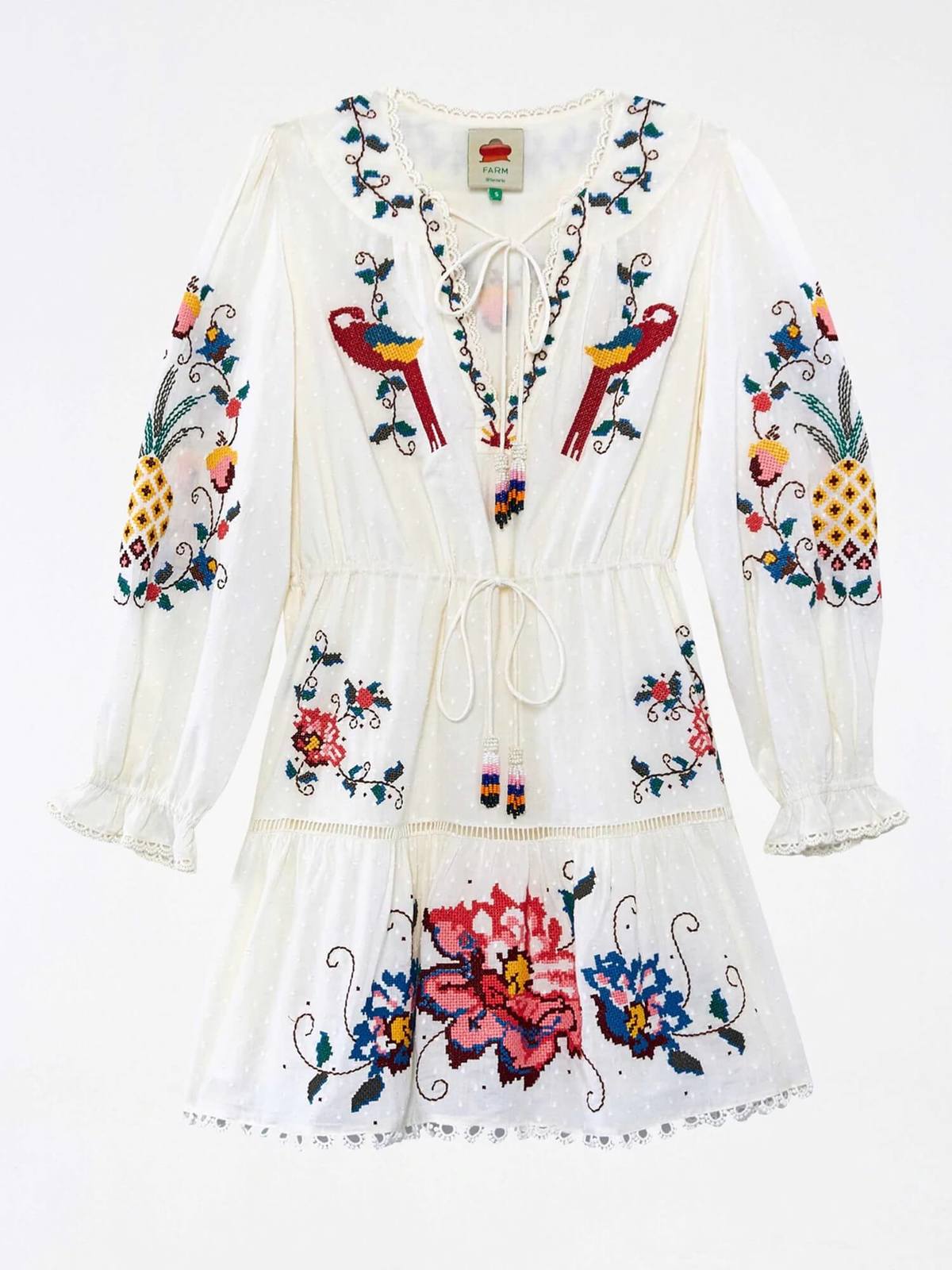 macaw cross stitch embroidered mini dress Farm Rio Stitch Embroidered Mini Dress - Macaw Cross/Off White