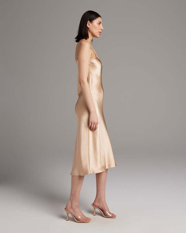 nude midi slip dress Tea-Length Wedding-Guest Slip Dress