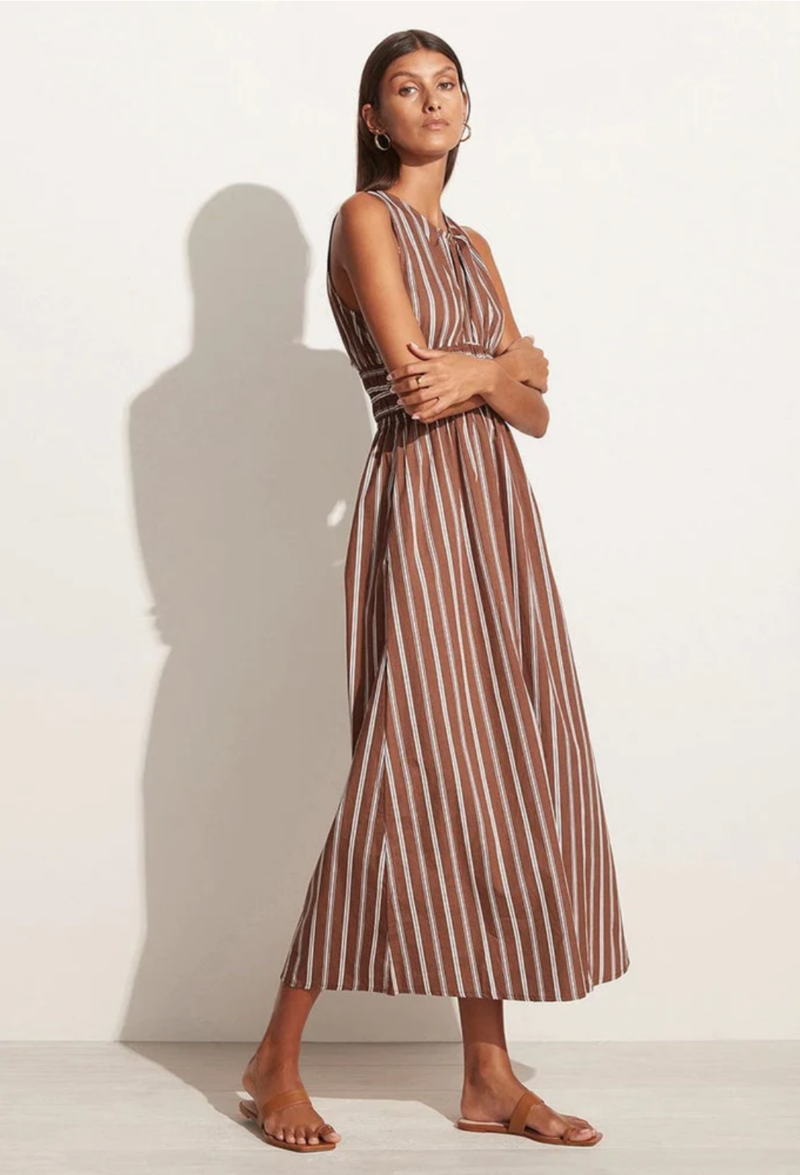 Faithfull The Brand Jean Midi Dress - Maya Stripe Cinnamon | Garmentory