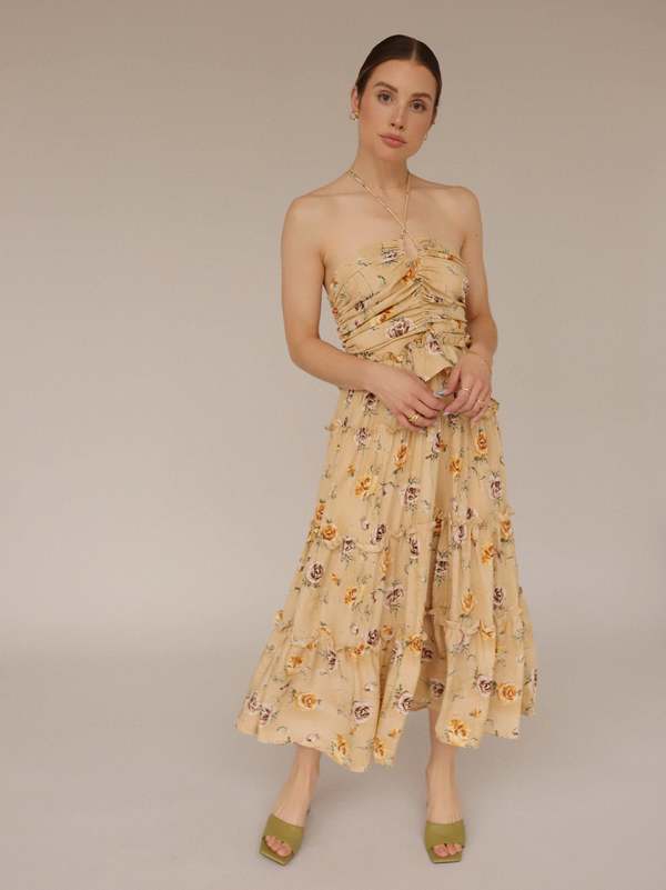 Marigold Floral Halter Midi Dress | Garmentory