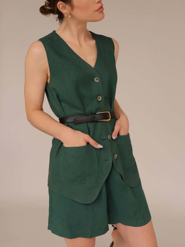 Vintage Express Green Linen Vest & Shorts Set | Garmentory