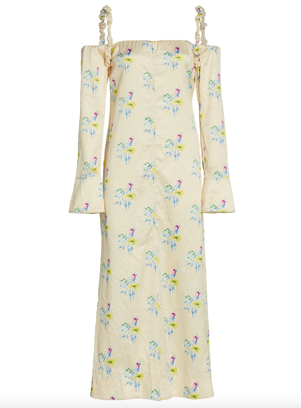 Ganni Crinkled Satin Off Shoulder Maxi Dress Floral Rutabaga Garmentory