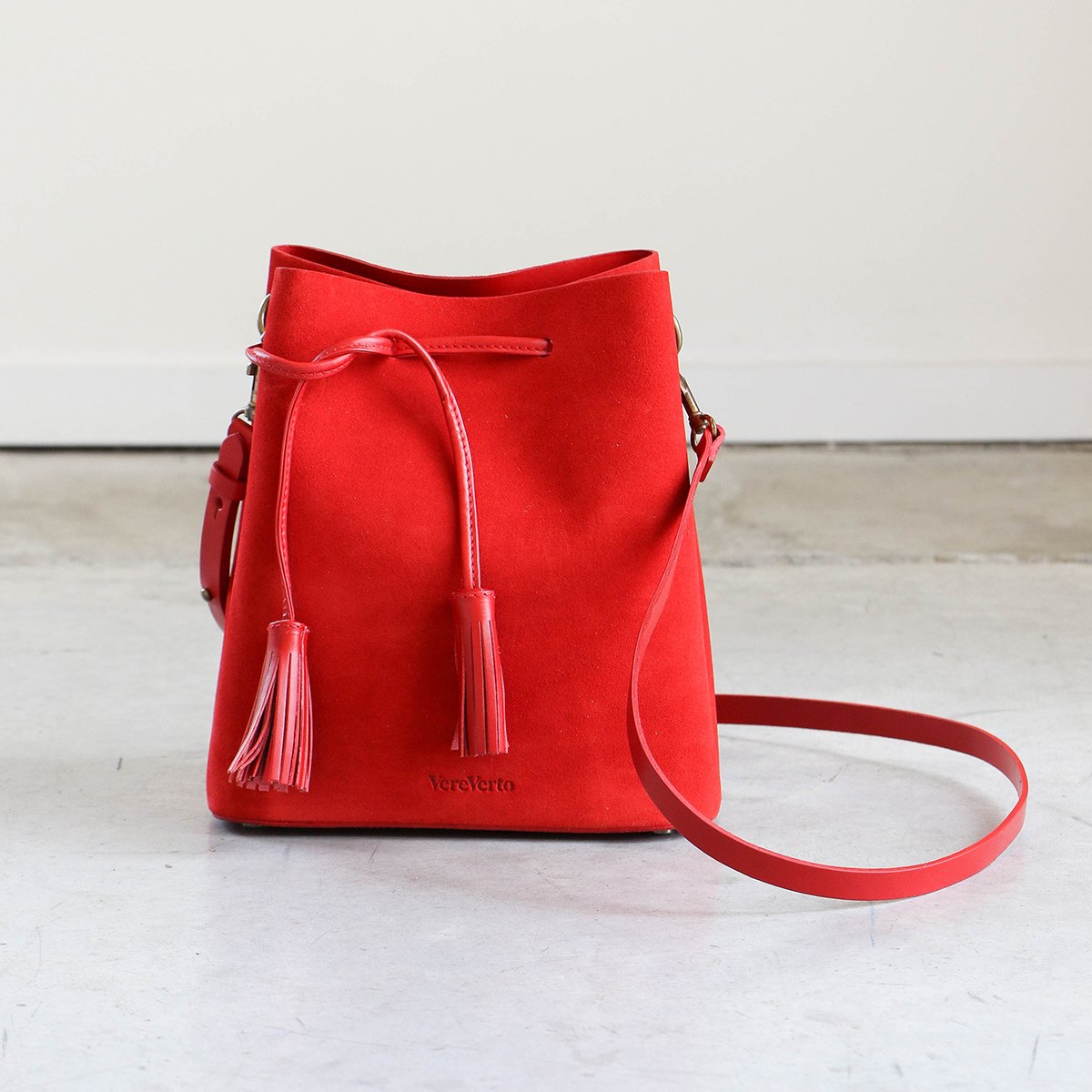 VEREVERTO Dita Convertible Leather Bucket Bag VereVerto Dita Bucket Bag in Cherry Suede | Garmentory main image 2