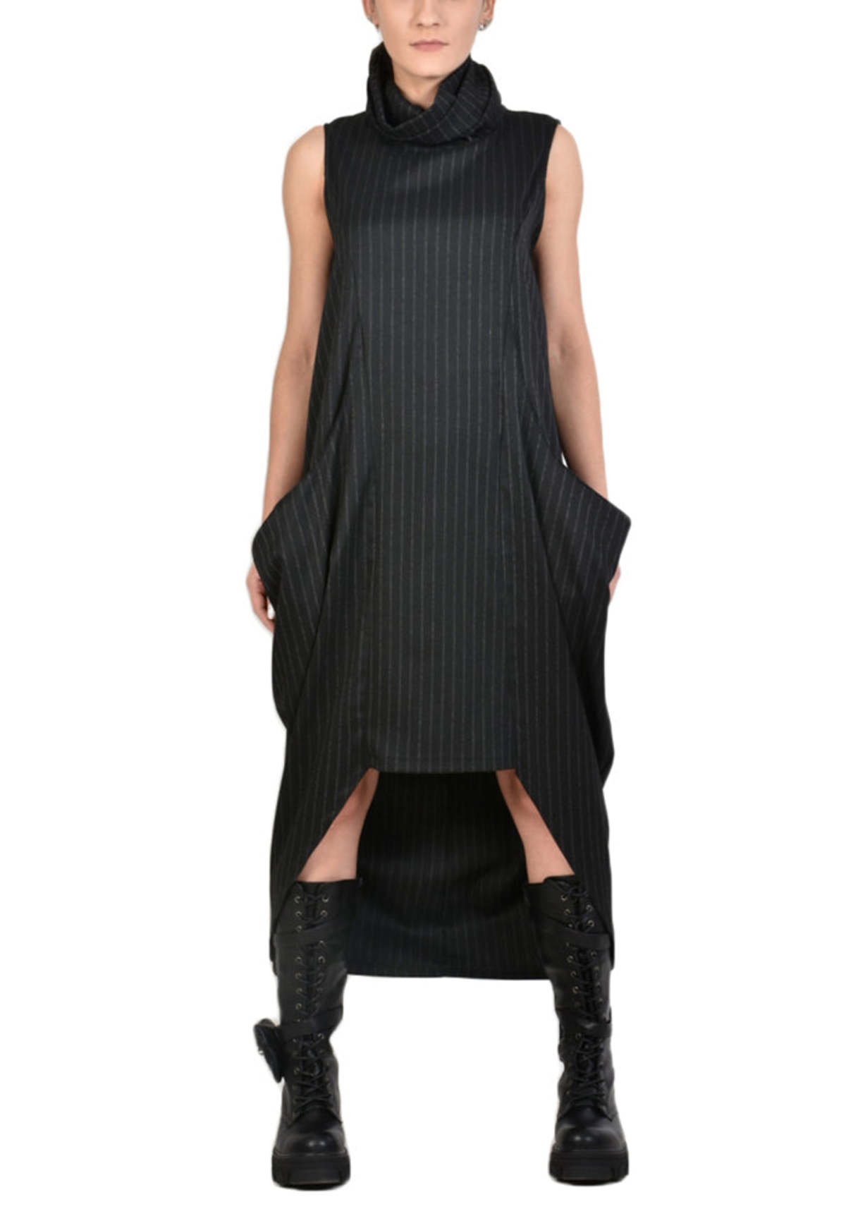 Chetumal Asymmetric High Neck Pinstripe Dress | Garmentory Chetumal Asymmetric High Neck Pinstripe Dress | Garmentory
