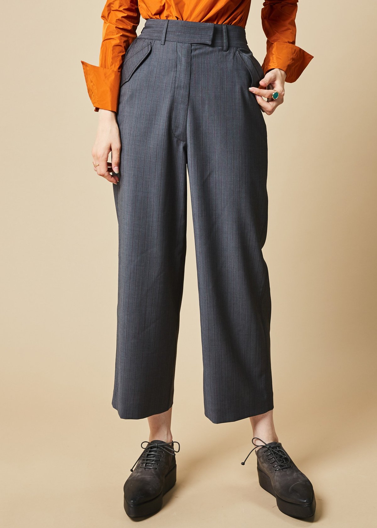 Ter et Bantine Cropped Pinstripe Cinch Pant - GREY/RED - Image 1 of 4