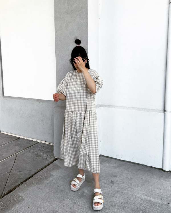 APRIL MEETS OCTOBER Summer May Dress - Beige Gingham | Garmentory