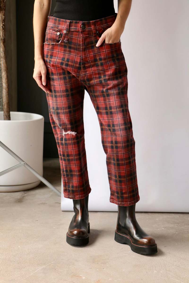 R13 Tailored Drop Crotch Relaxed Jean Ash Red Plaid