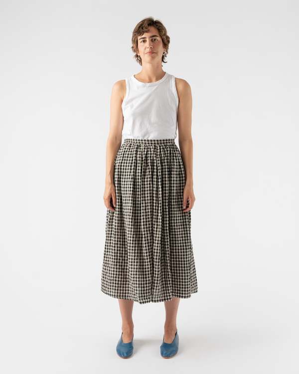 ICHI ANTIQUITES Linen Gingham Gather Skirt - Natural/Black