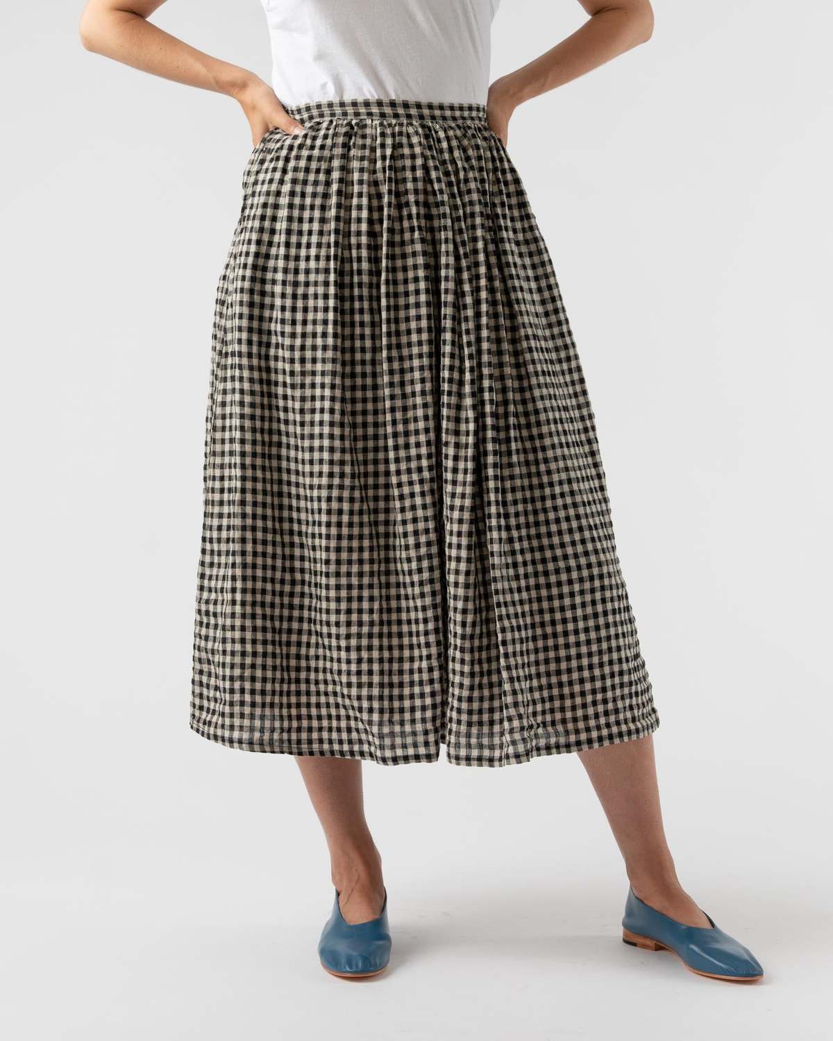 ICHI ANTIQUITES Linen Gingham Gather Skirt - Natural/Black