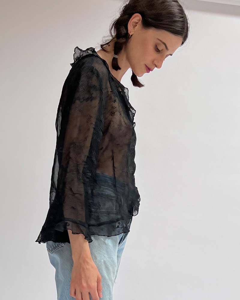 Sheer Ruffle Blouse - Black Floral | Garmentory