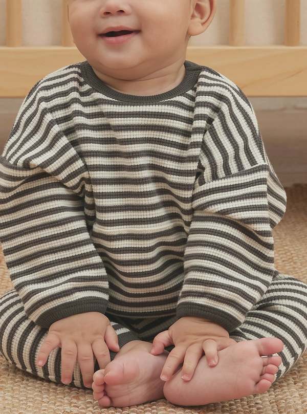 Kids Quincy Mae Waffle Top + Pant Set - Charcoal Stripe