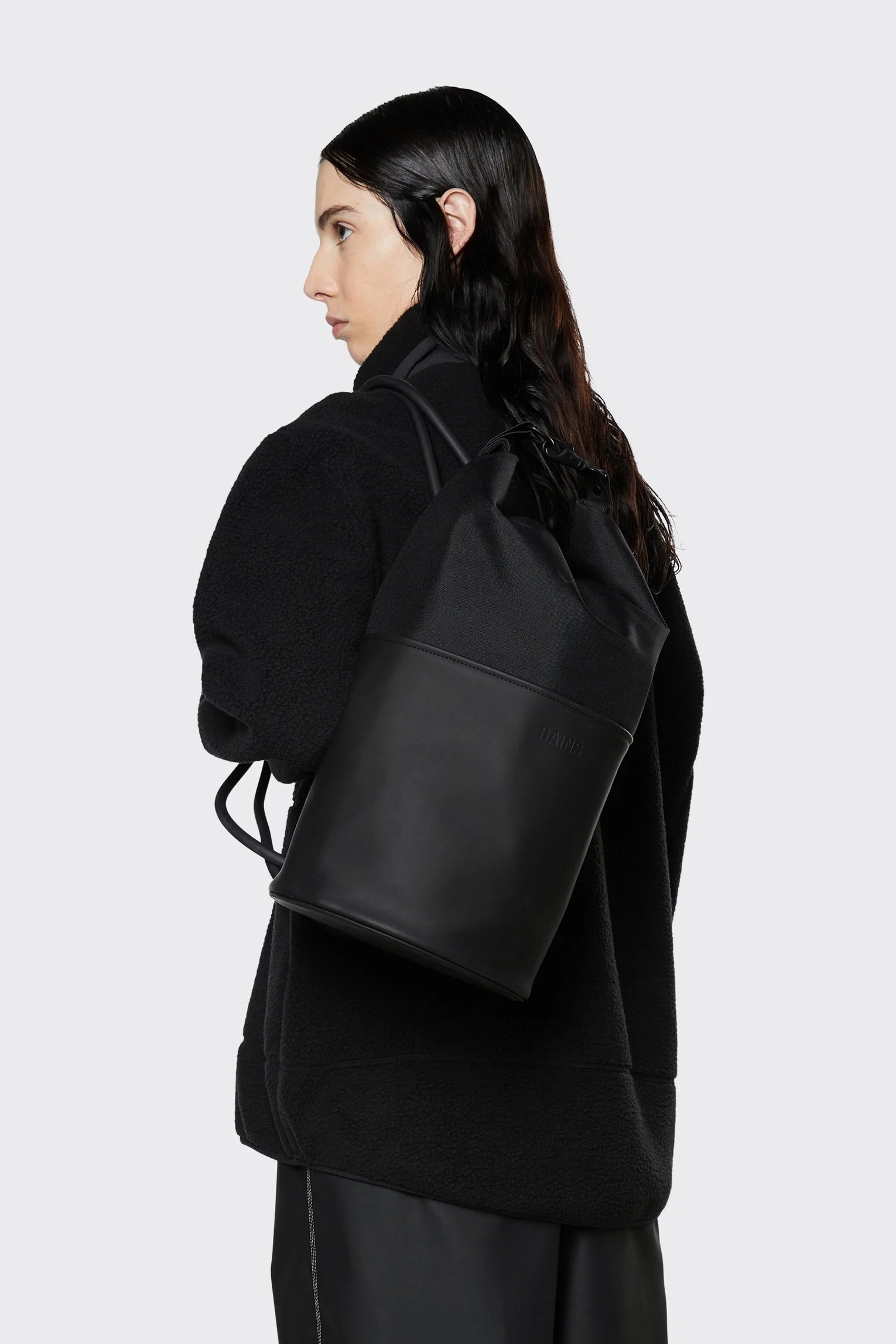 RAINS Spin‎ Rolltop Bucket Sling Bag Black Drawstring Backpack Waterproof Large Rains® Rolltop Rucksack Large in Black for €139 | 2-Year  main image 2
