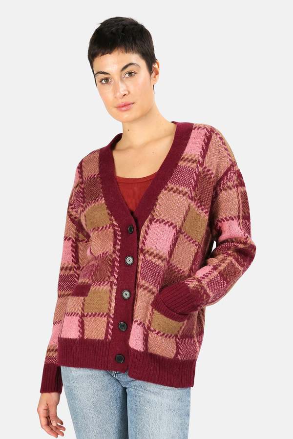 90s Oversized Cardigan - Mulberry Plaid 