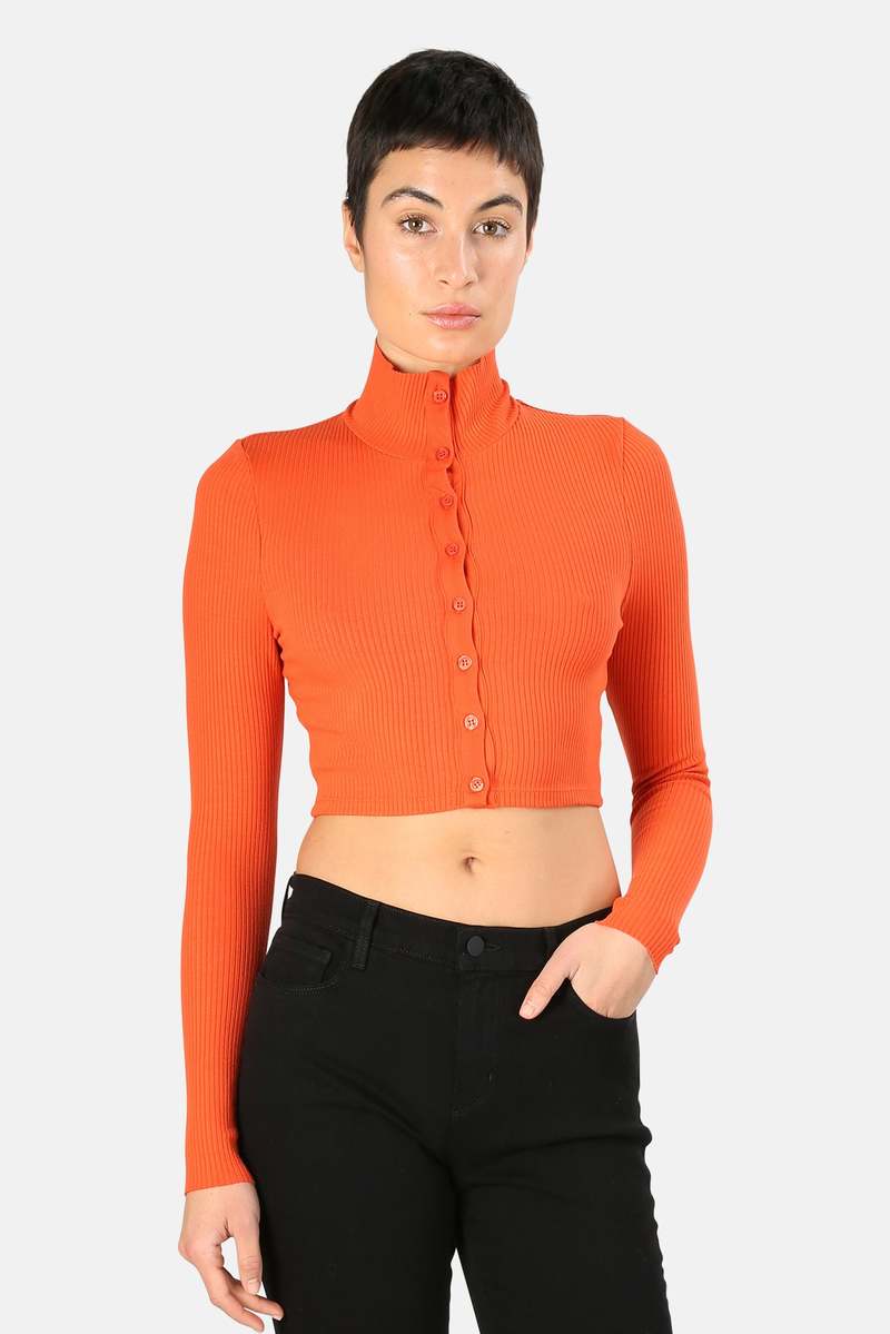 The Range Alloy Rib Cropped Button Up Turtleneck Blood Orange