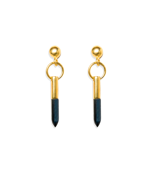 A Peace Treaty Tora Spear Stud Earrings with Blue Tigers Eye in Gold Plated Brass A Peace Treaty Tora Spear Stud Earrings with Blue Tigers Eye in Gold Plated Brass