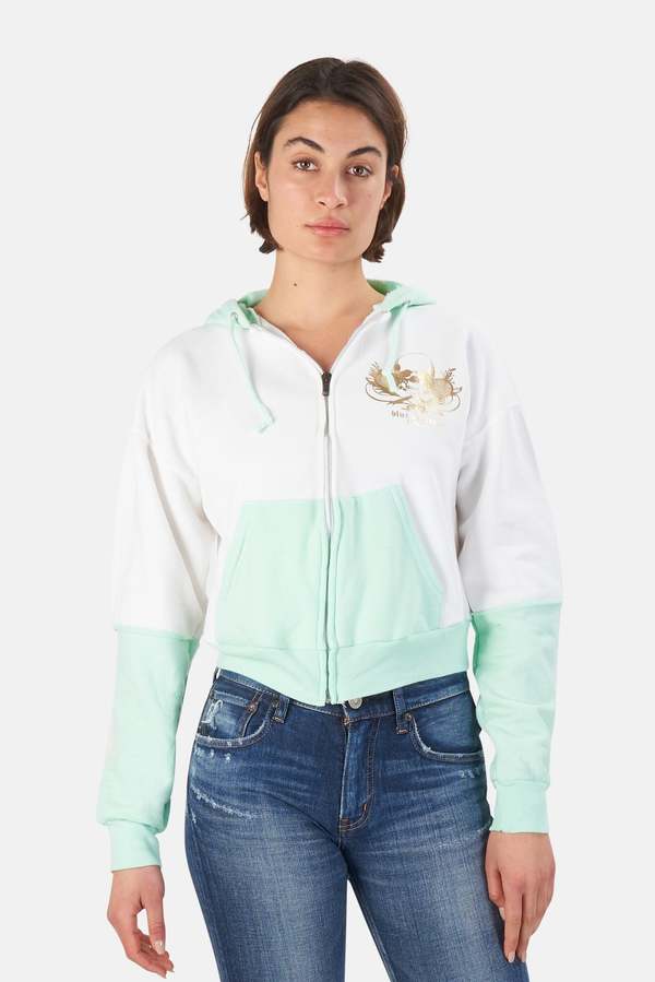 Blue&Cream Skull Colorblock Crop Hoodie - White/Gold