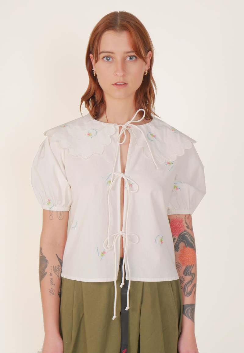 DAMSON MADDER Maggie Embroidered Scallop Blouse - White | Garmentory