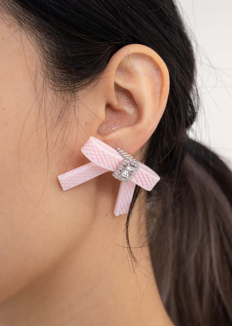 Shushu/Tong Crystal Embellished Rubber Bow Earring - Pink
