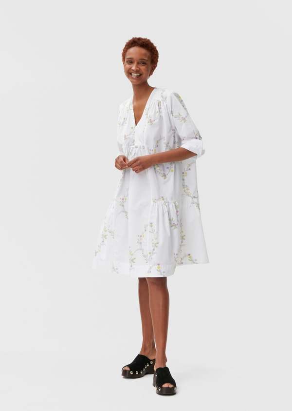 Ganni Printed Poplin Knee Length Dress - Floral Shape Bright White