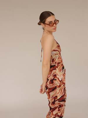 en saison combination ruched dress En Saison Abstract Ruched Mesh Halter Dress