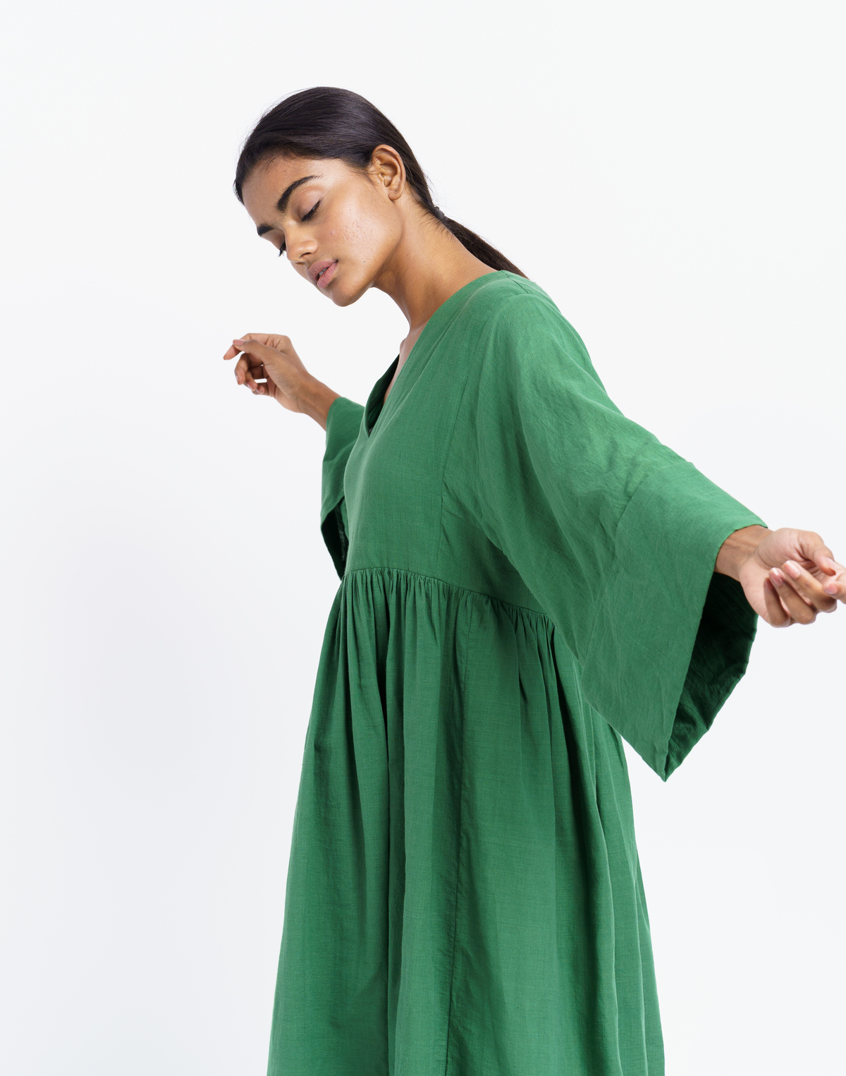 World Of Crow Gathered Midi Dress - Basil Green | Garmentory