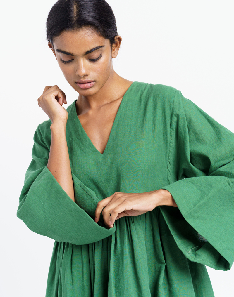 World Of Crow Gathered Midi Dress - Basil Green | Garmentory