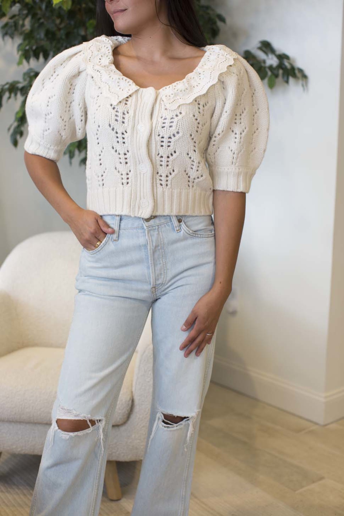 トップス Acka. lace collar knit cardigan EDIKTED Lace Collar Crop Cable Knit Cardigan | Nordstrom