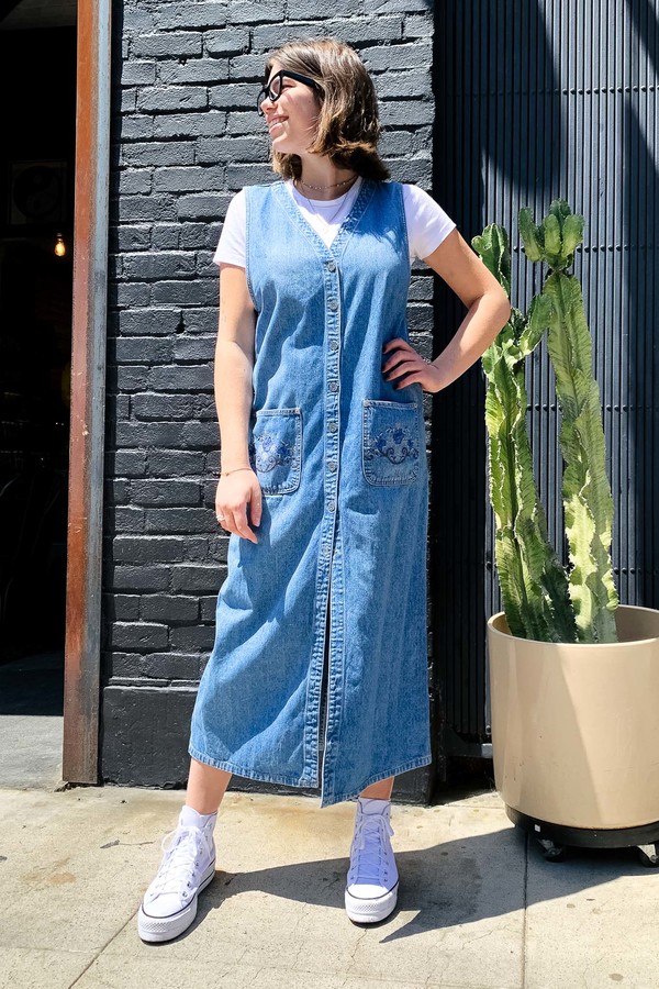 chinese dress ladies Women Spring Retro Loose Denim Pinafore Dress with Big Pockets – Babakud main image 1