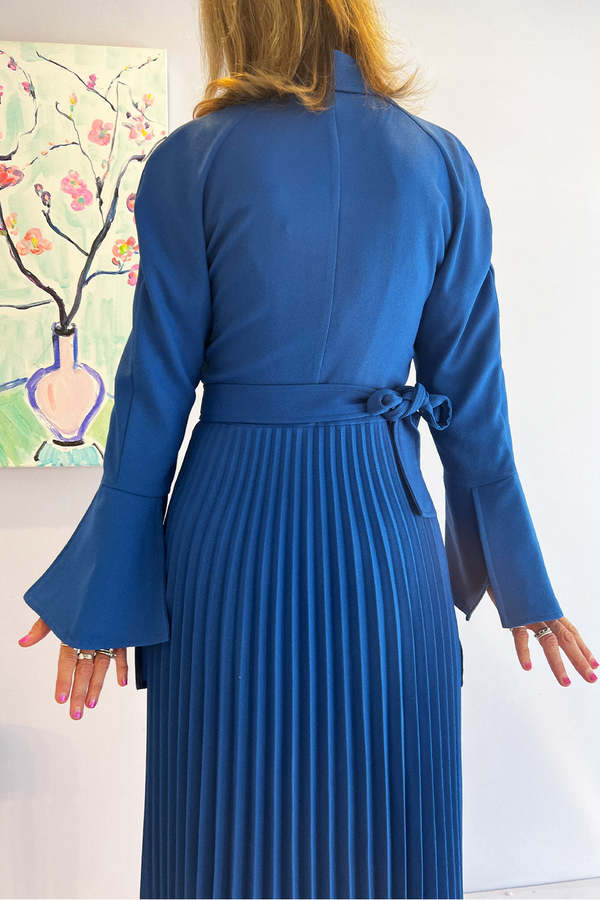 cobalt blue pleated dress High end long sleeve pleated royal blue dress- Kari L