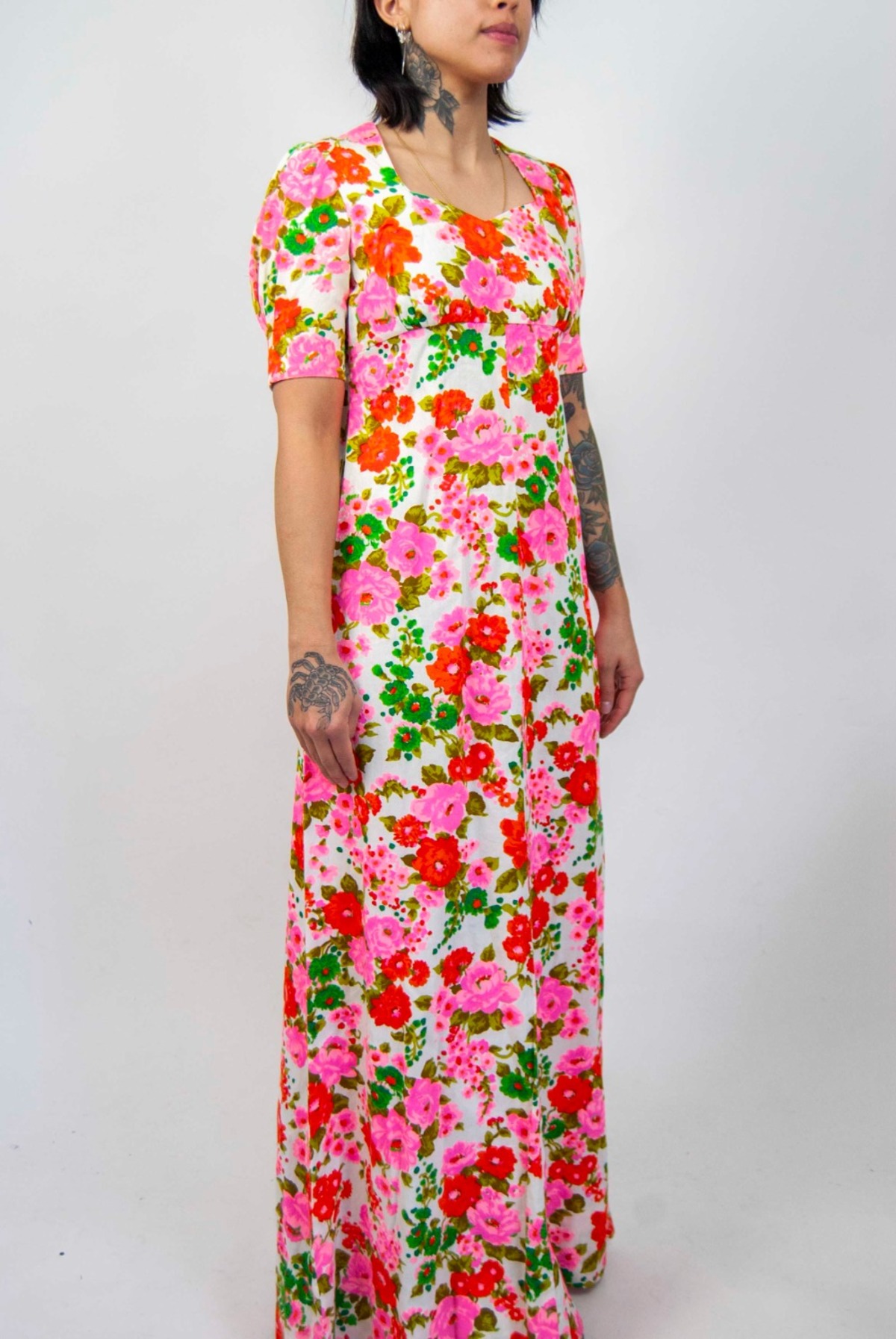 60s/70s empire waist neon floral maxi | Garmentory