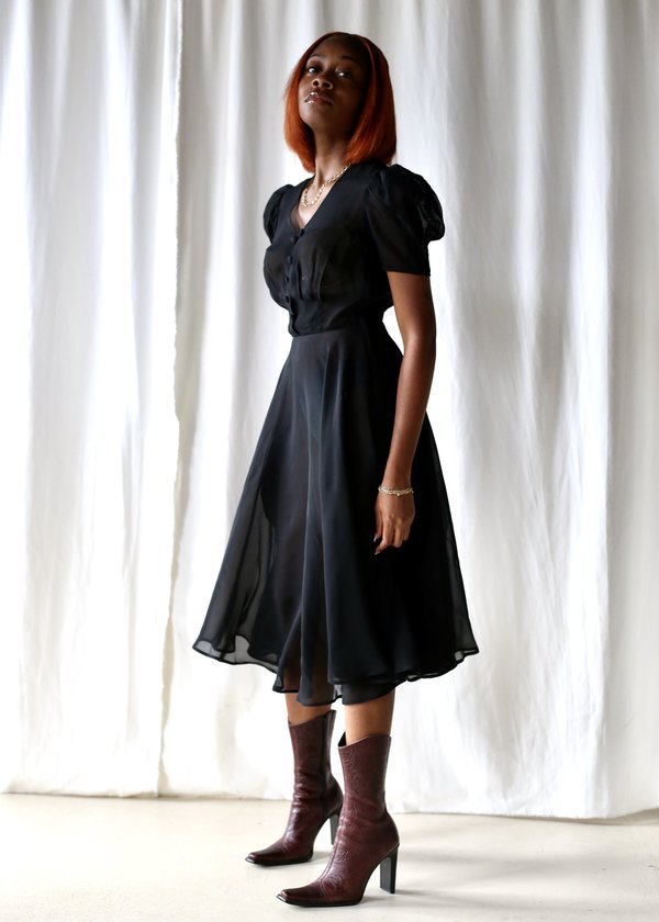 black sheer puff sleeve dress Bead Sheer Bodice Mesh A-line Long Dress Sheer Puff Sleeves GLGL3497