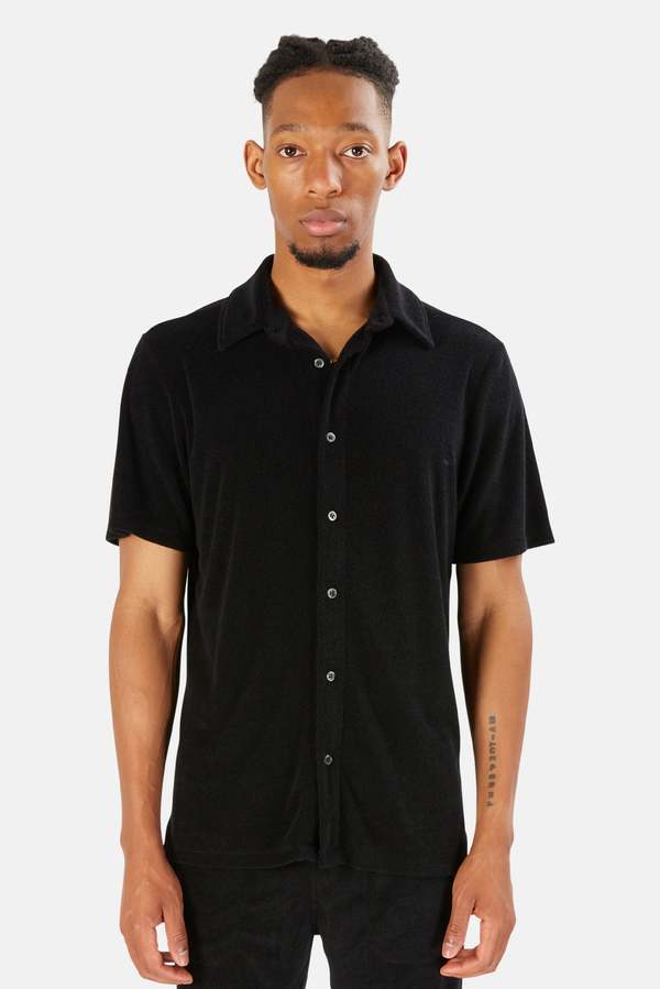 Blue&Cream Pool Terry Short Sleeve Buttondown - Black