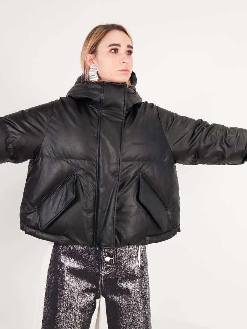 MM6 Maison Margiela Faux Leather Down Puffer Jacket - Black