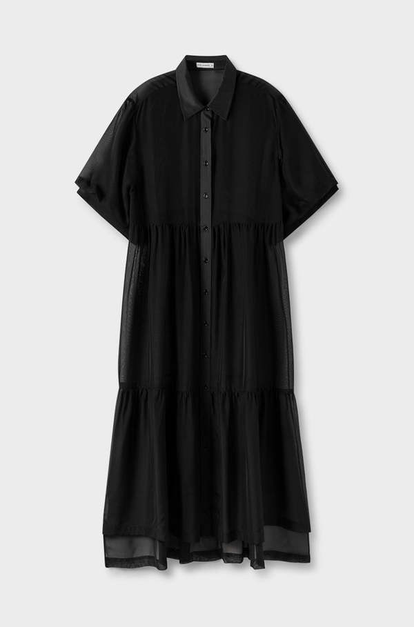 Silk Laundry CHIFFON TIERED SHIRT DRESS - BLACK