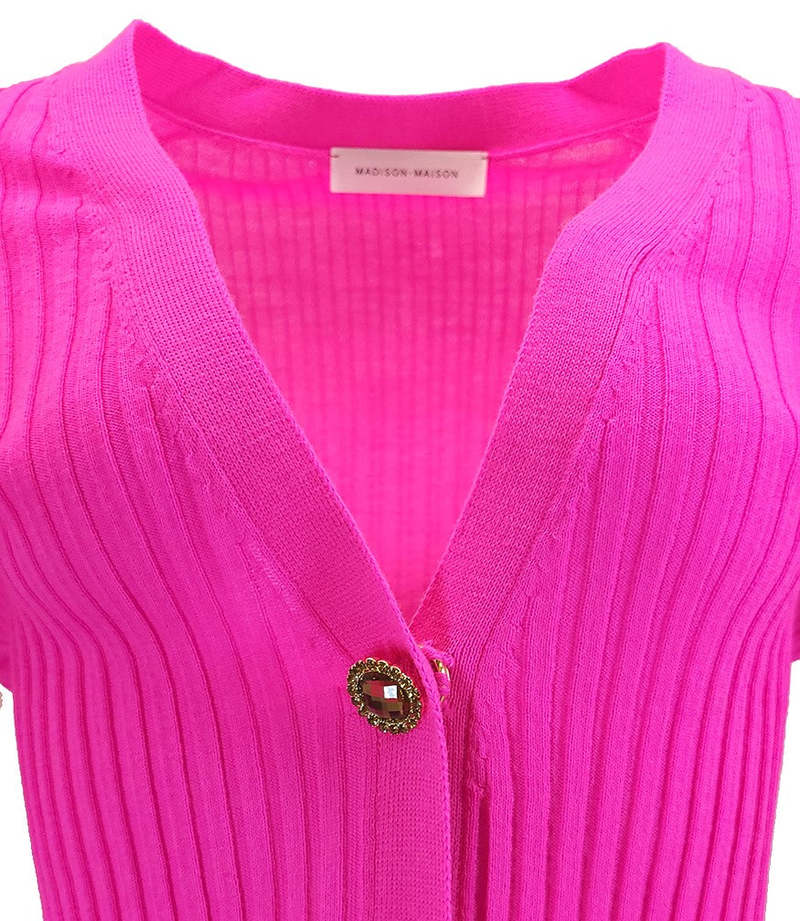 Madison Maison Wool Ribbed Cardigan With Jewel Buttons - Fuchsia