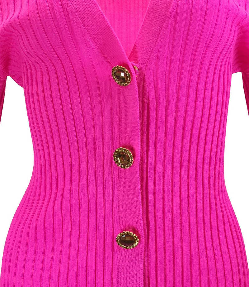 Madison Maison Wool Ribbed Cardigan With Jewel Buttons - Fuchsia