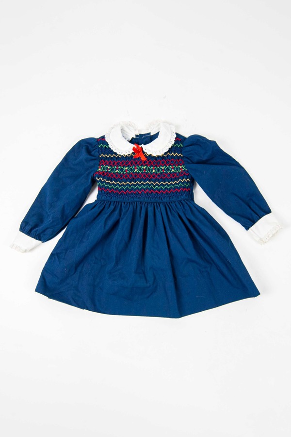 70s navy blue smocked frill collar dress | Garmentory