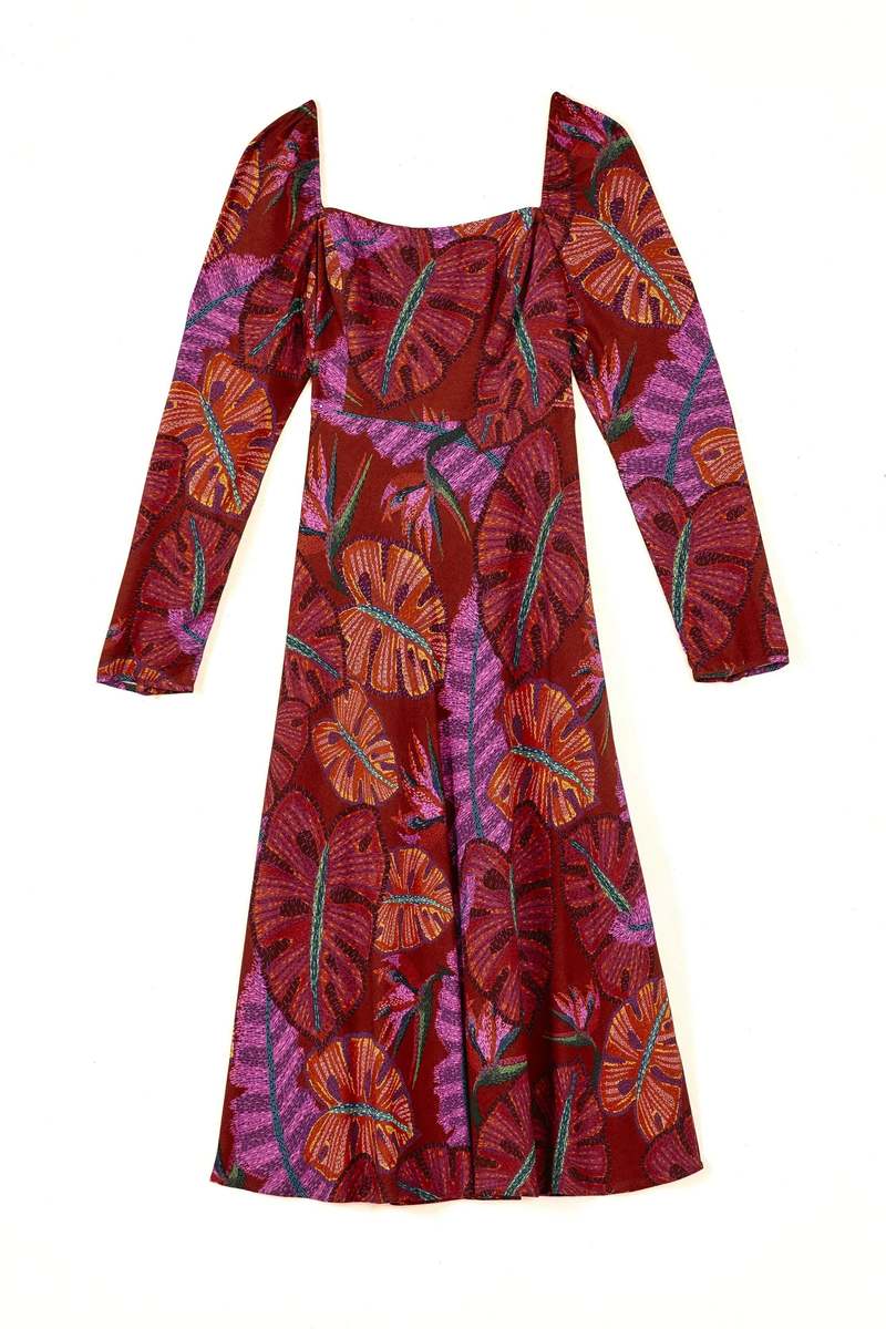 Farm Rio Delicate Leaves Midi Dress - Red Delicate Leaves
