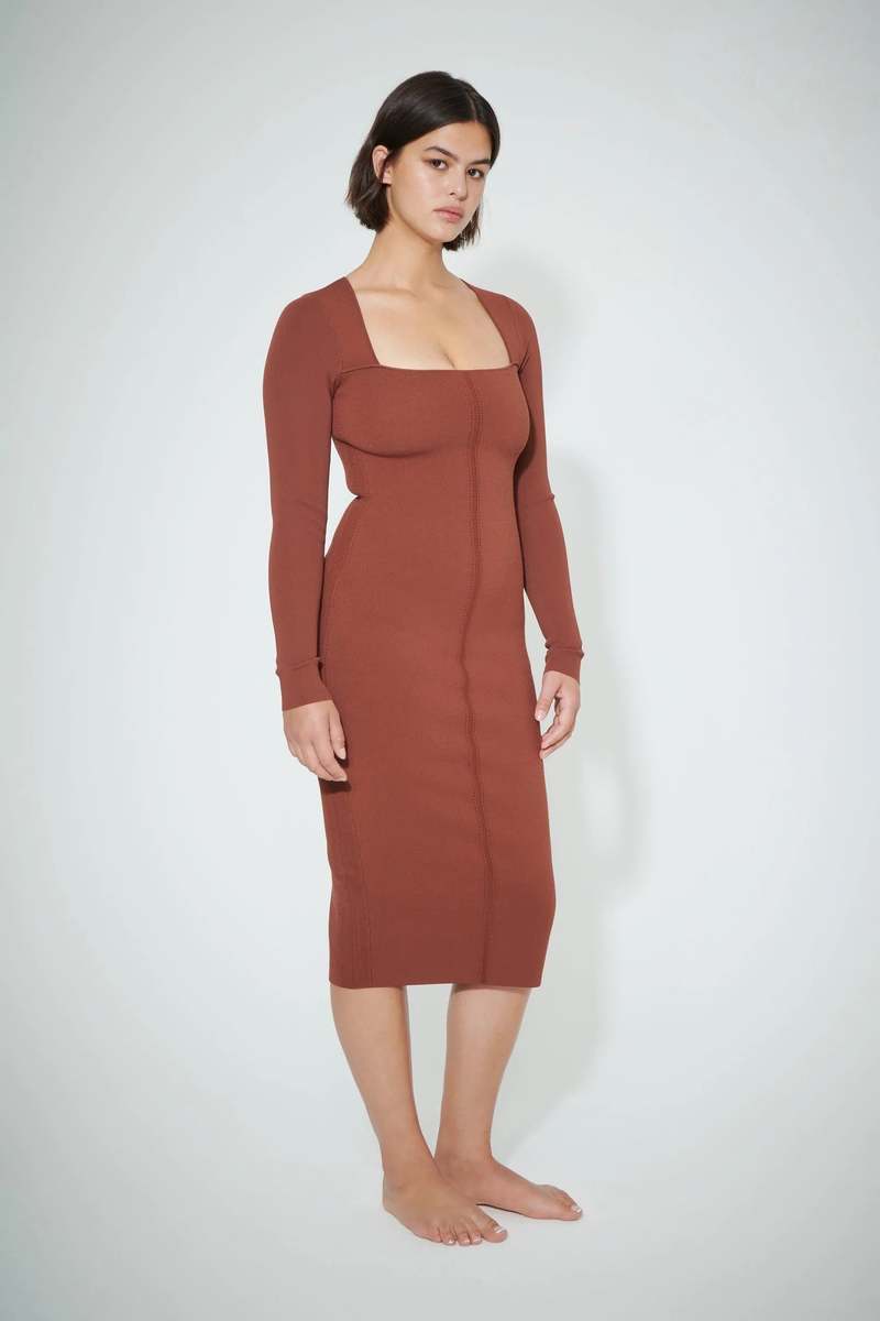 Victoria Beckham Fitted Square Neck Dress - BROWN | Garmentory
