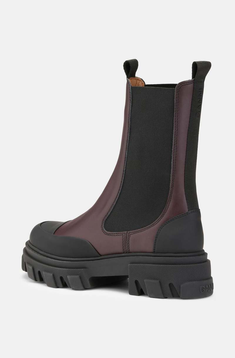 Ganni Cleated Mid Chelsea Boots - Burgundy | Garmentory