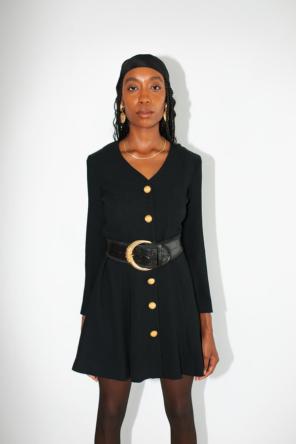 1990s Button Front Mini Dress - Black | Garmentory