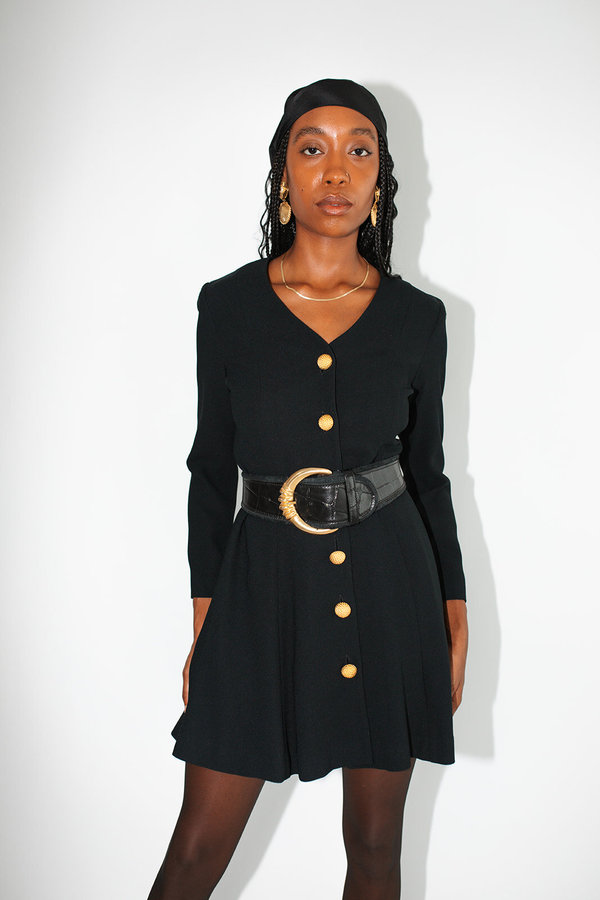 1990s Button Front Mini Dress - Black | Garmentory