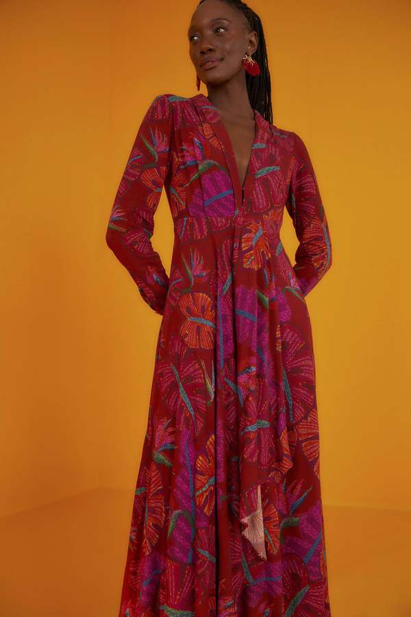 strapless open back dress Red Maxi Floral Long Sleeve Mini Dress – FARM Rio main image 0