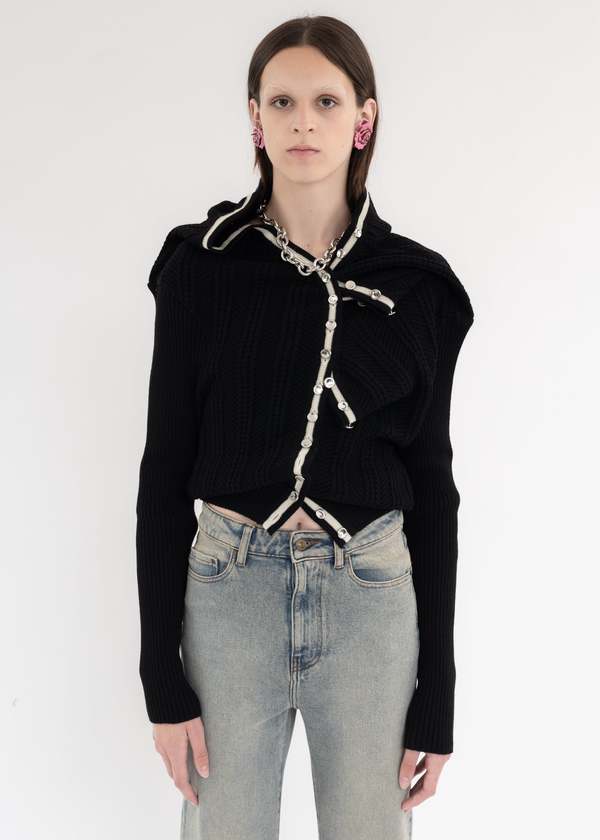 Y/project CLASSIC RUFFLE NECKLACE CARDIGAN - Black | Garmentory